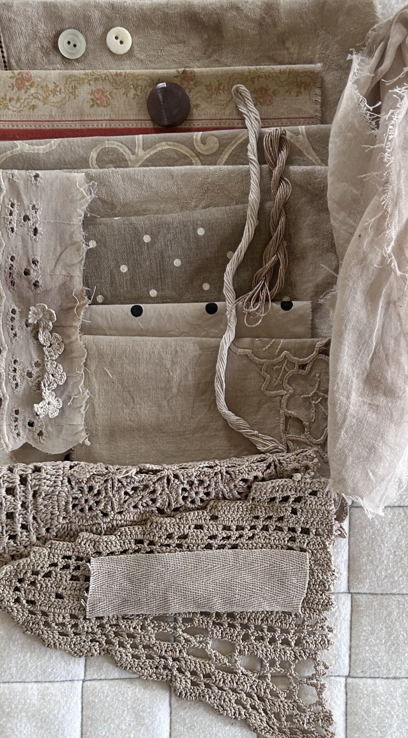LIGHT WALNUT #2 Plant Dyed Bundle Which Includes Repurposed Cottons, Linen, Trims, Lace, and Thread for Slow Stitching Projects