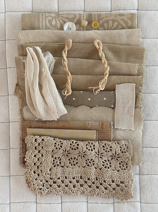 Petunia and Gladiola Plant Dyed Bundle Which Includes Repurposed Cottons, Linen, Trims, Lace, and Thread for Slow Stitching Projects