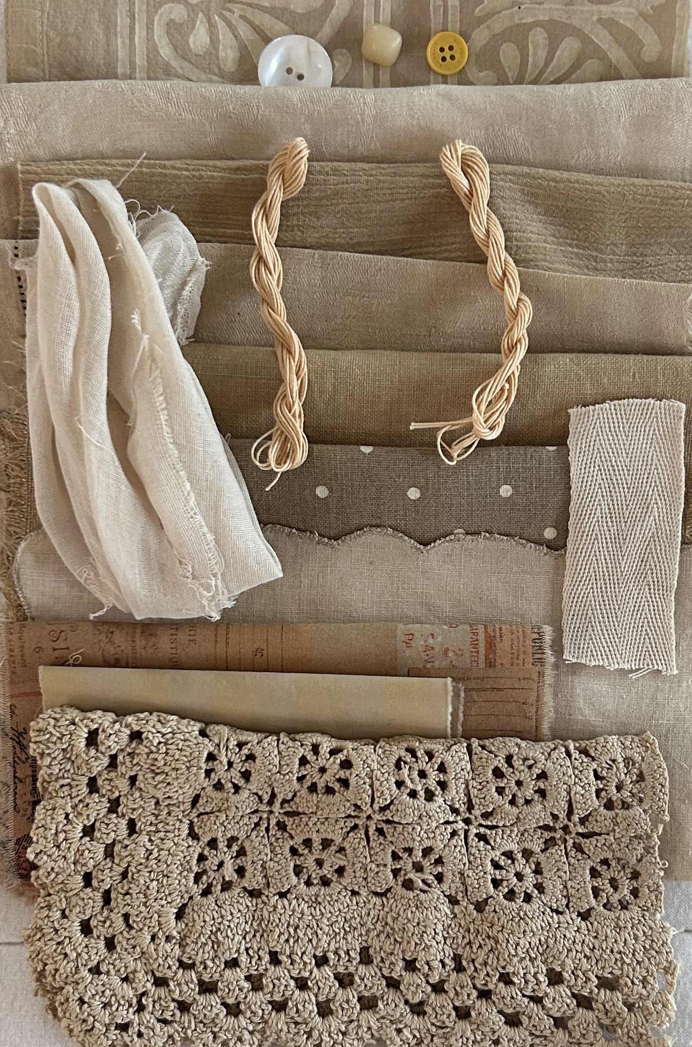 Petunia and Gladiola Plant Dyed Bundle Which Includes Repurposed Cottons, Linen, Trims, Lace, and Thread for Slow Stitching Projects