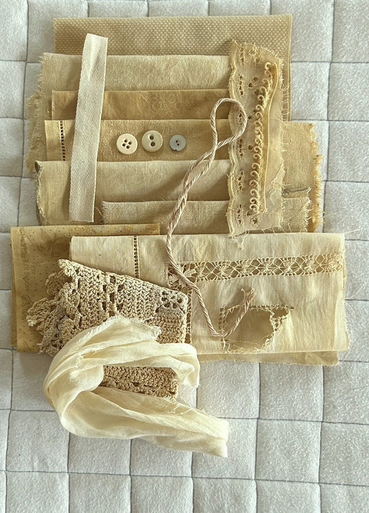 ONION Skins #2  Plant Dyed Bundle Which Includes Repurposed Cottons, Linen, Trims, Lace, and Thread for Slow Stitching Projects