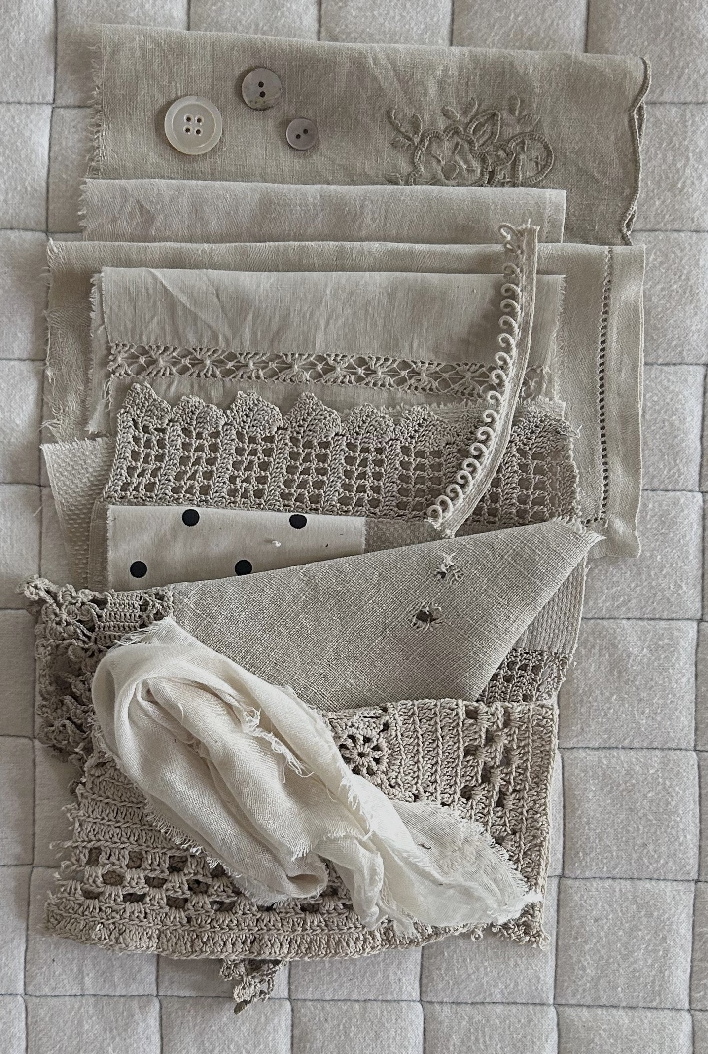 CHAMOMILE with Iron Plant Dyed Bundle Which Includes Repurposed Cottons, Linen, Trims and Thread for Slow Stitching Projects