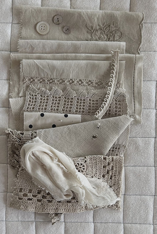 CHAMOMILE with Iron Plant Dyed Bundle Which Includes Repurposed Cottons, Linen, Trims and Thread for Slow Stitching Projects