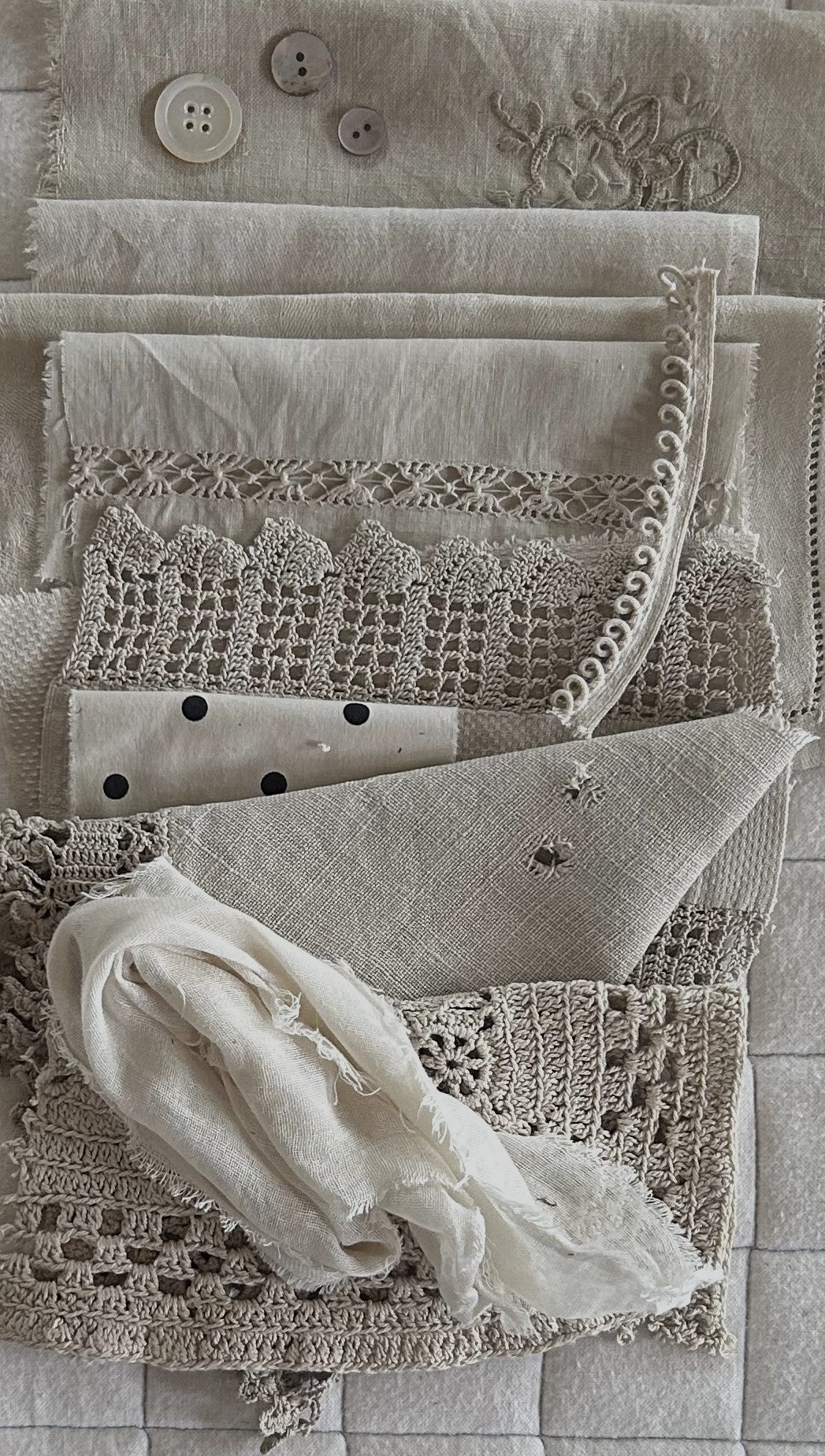 CHAMOMILE with Iron Plant Dyed Bundle Which Includes Repurposed Cottons, Linen, Trims and Thread for Slow Stitching Projects