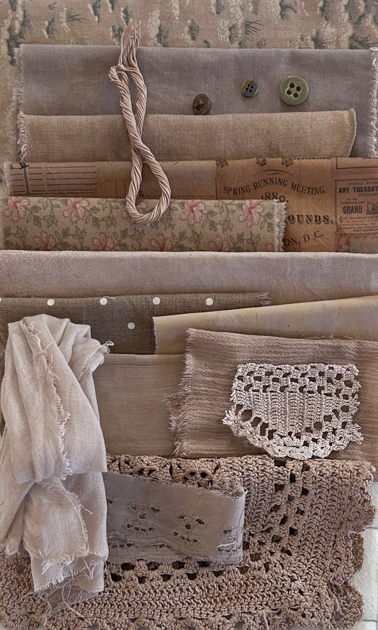 MADRONE and BIRCH Plant Dyed Bundle: Repurposed Cottons, Linen, Trims,and Threads for Slow Stitching and Fabric Collage Projects