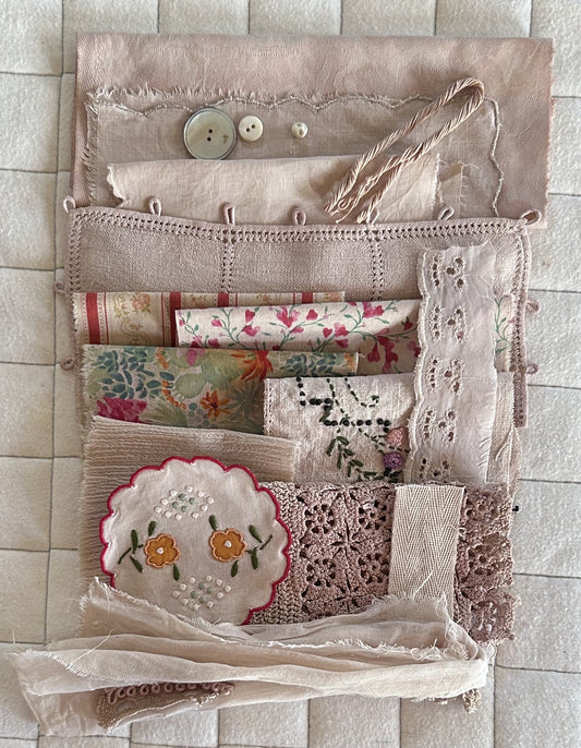 COSMOS  #2 Plant Dyed Bundle Which Includes Repurposed Cottons, Linen, Trims, Lace, and Thread for Slow Stitching Projects
