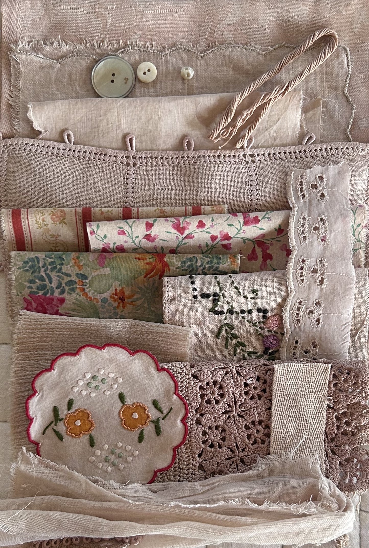 COSMOS  #2 Plant Dyed Bundle Which Includes Repurposed Cottons, Linen, Trims, Lace, and Thread for Slow Stitching Projects