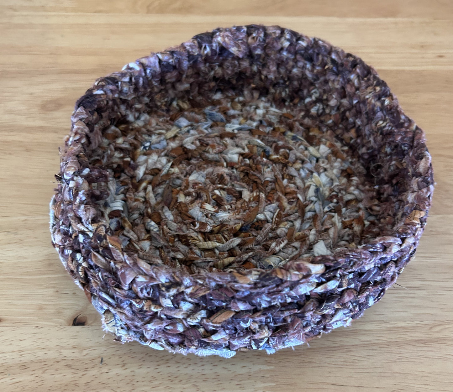 Small Hand Crocheted Brown Basket – Eco-Friendly Cotton Scrap Storage Bowl