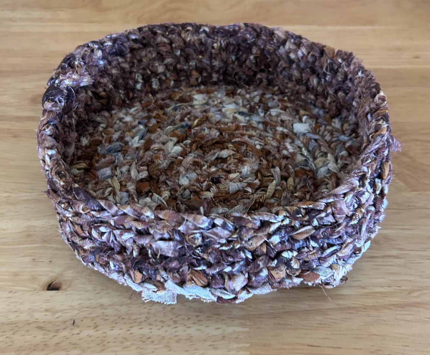 Small Hand Crocheted Brown Basket – Eco-Friendly Cotton Scrap Storage Bowl
