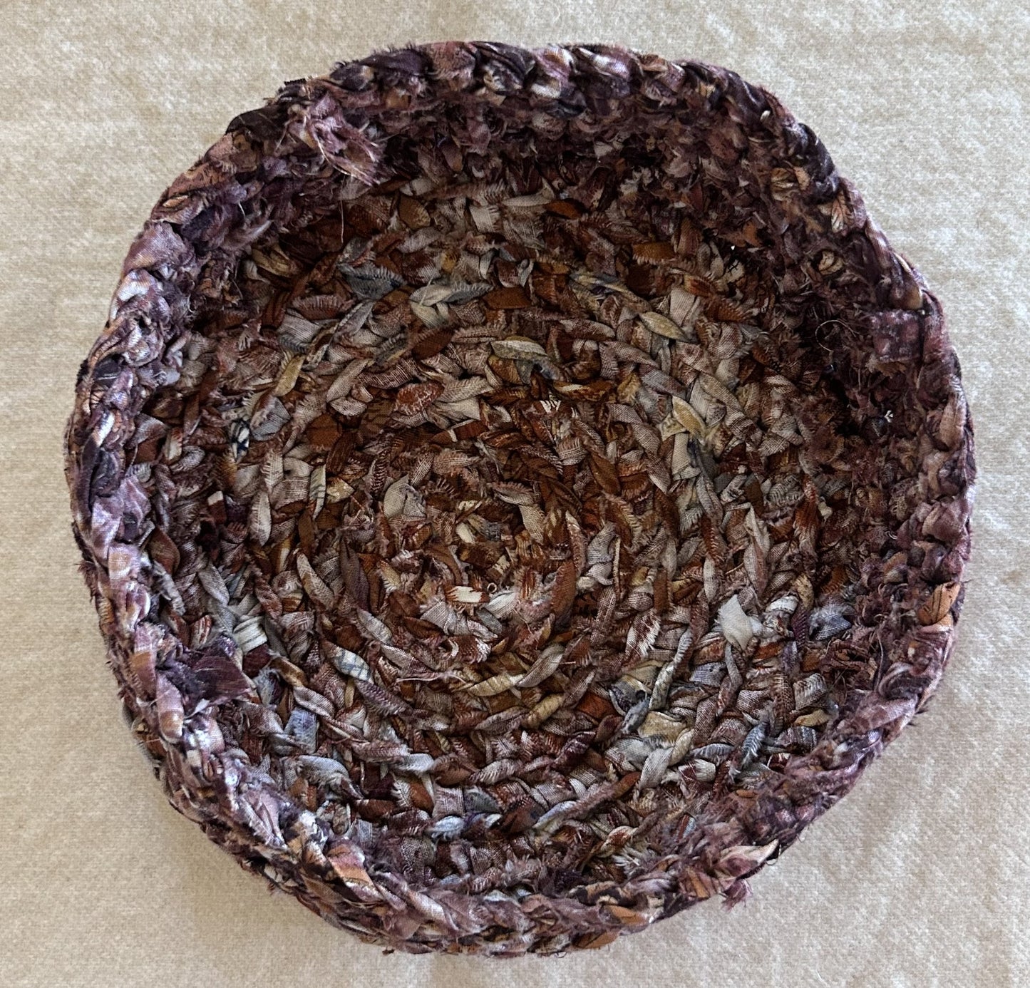 Small Hand Crocheted Brown Basket – Eco-Friendly Cotton Scrap Storage Bowl