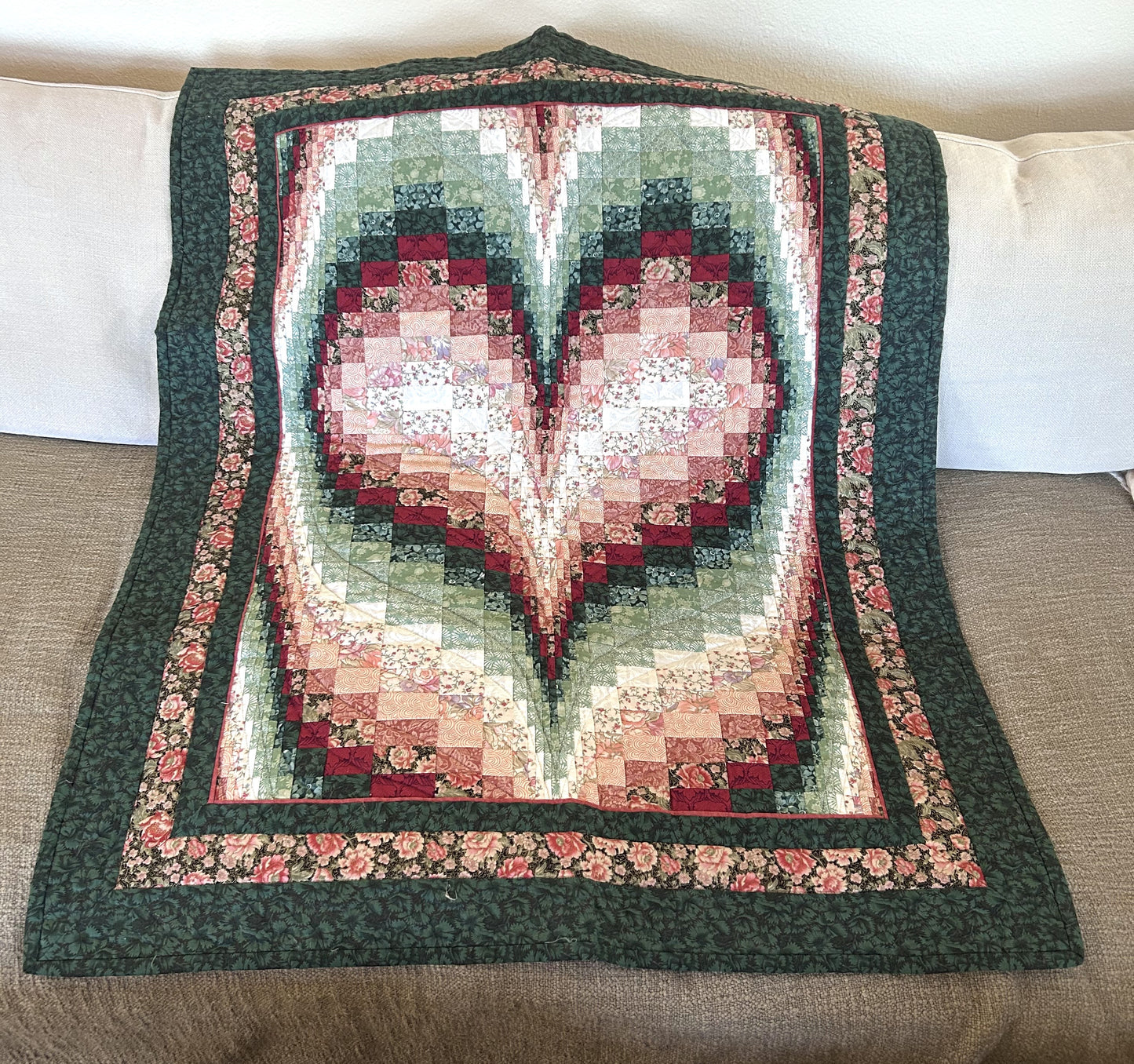 Heart Patchwork Quilt – Handmade in Green, Pink and Red Tones