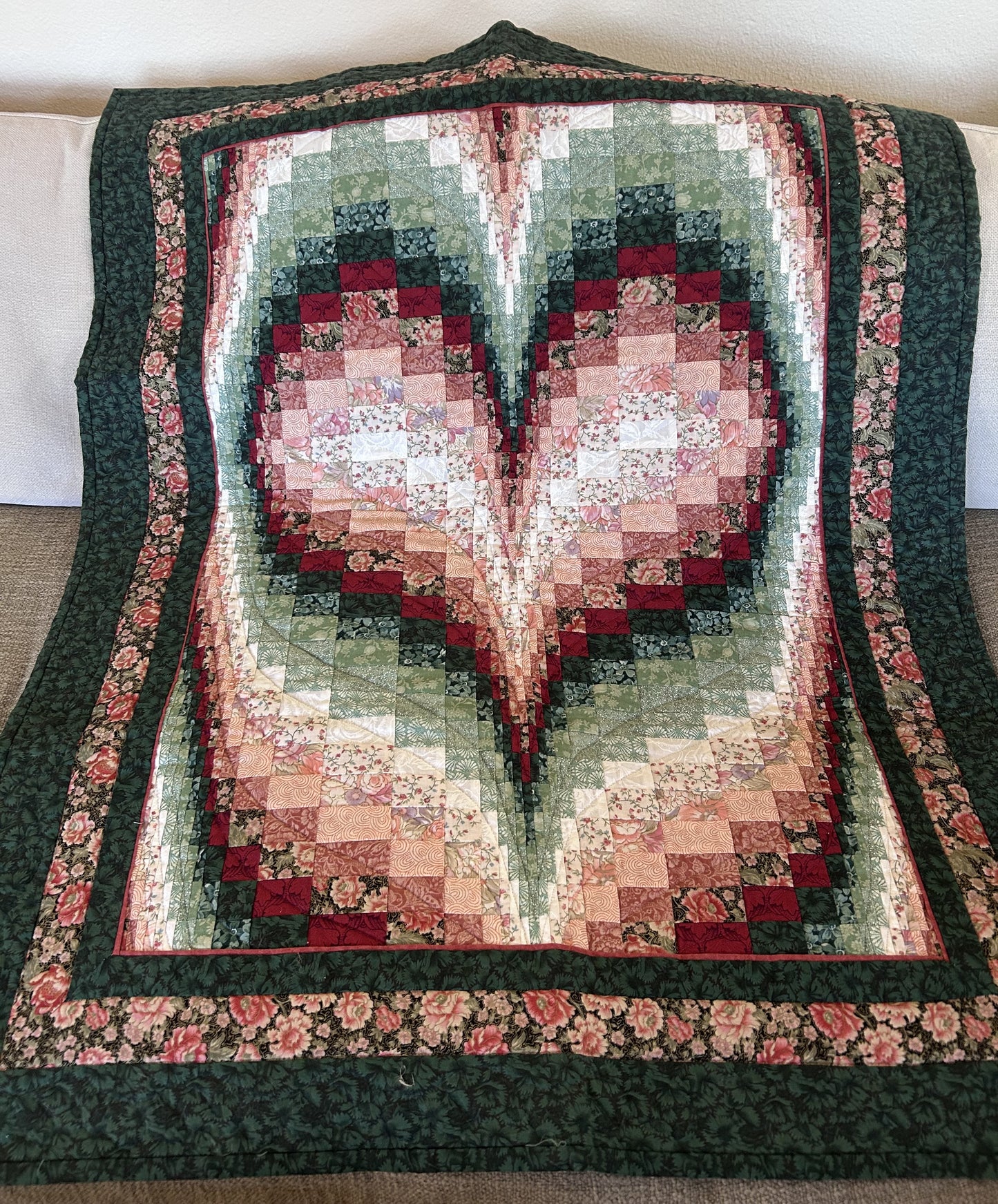 Heart Patchwork Quilt – Handmade in Green, Pink and Red Tones