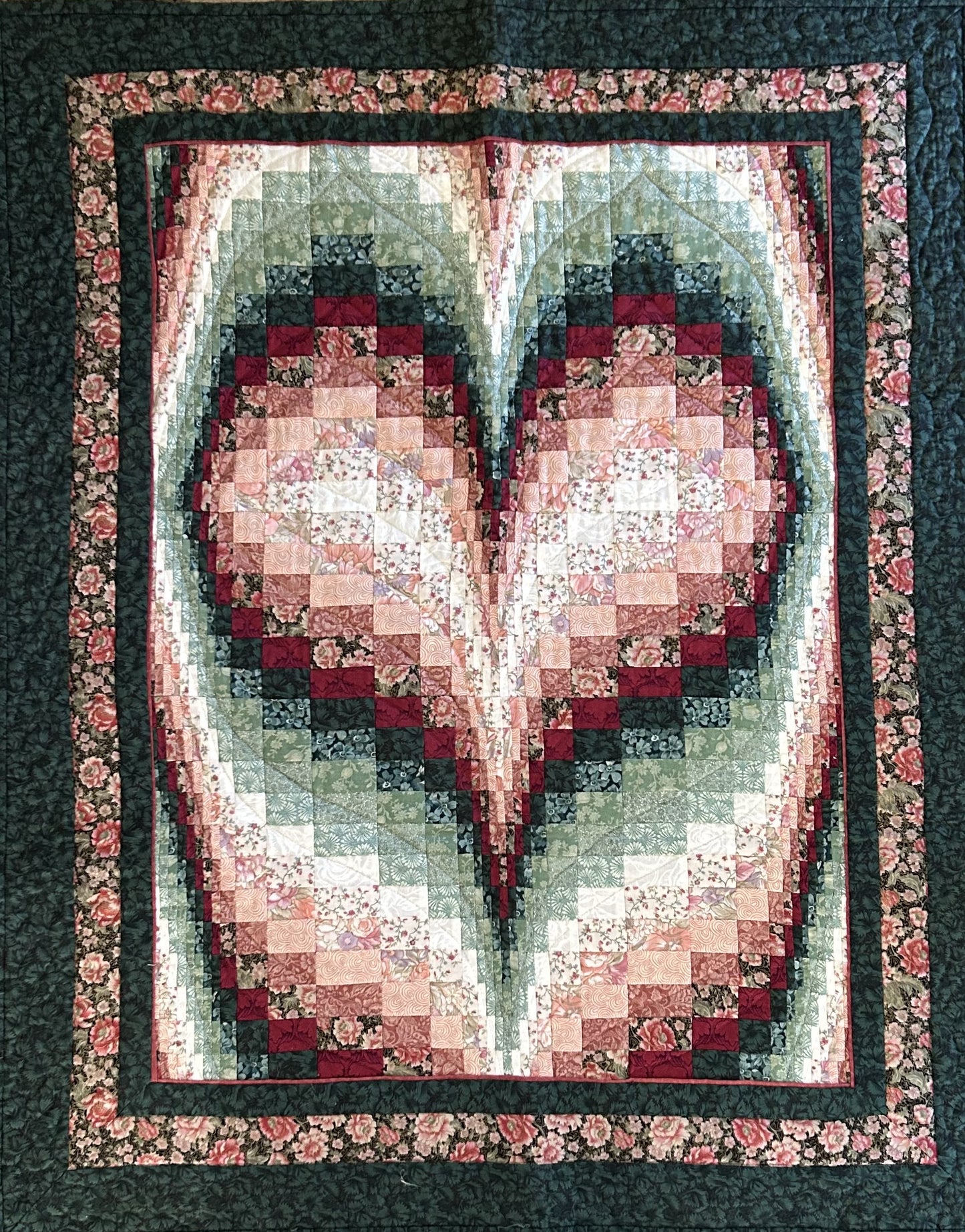 Heart Patchwork Quilt – Handmade in Green, Pink and Red Tones