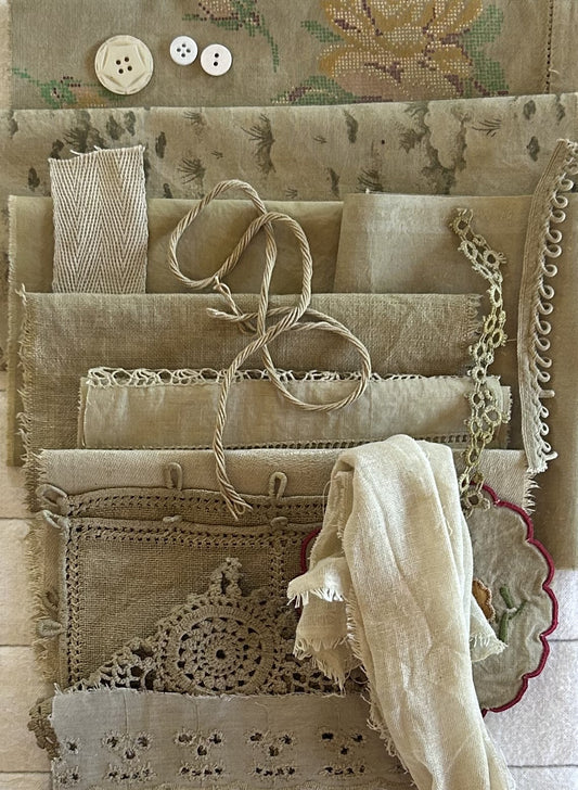 MARIGOLD #3 with Iron Plant Dyed Bundle Which Includes Repurposed Cottons, Linen, Trims, Lace, and Thread for Slow Stitching Projects