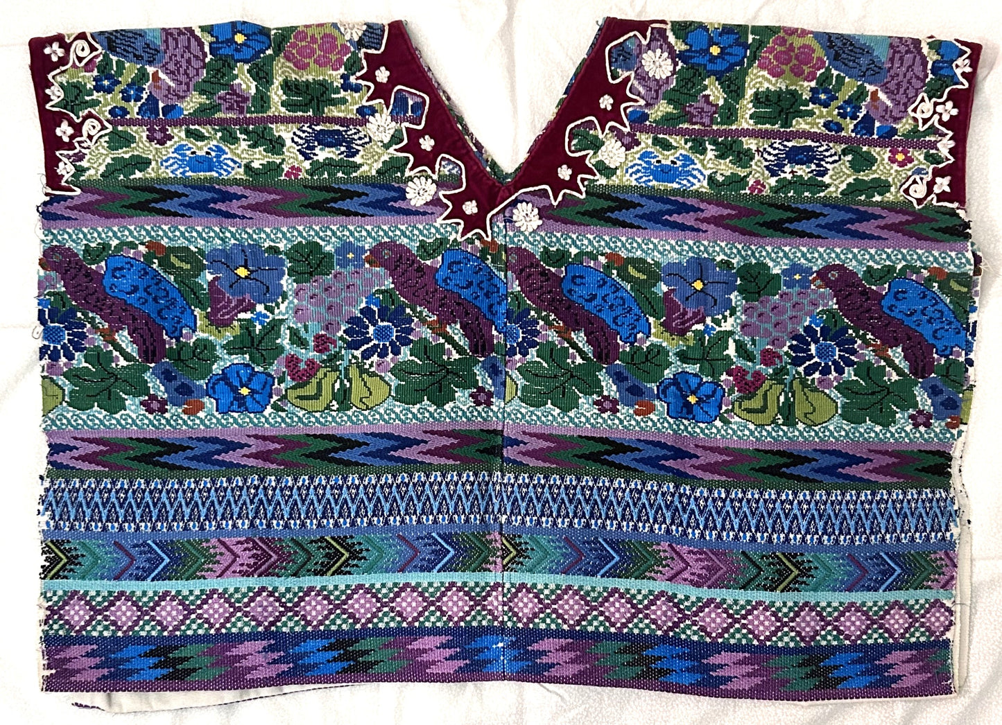 Traditional Handwoven Huipil Top – Purple & Blue with Embroidered Birds