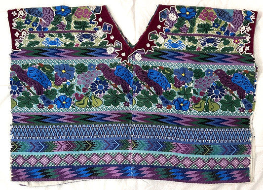 Traditional Handwoven Huipil Top – Purple & Blue with Embroidered Birds
