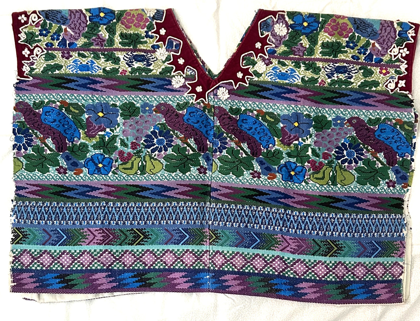 Traditional Handwoven Huipil Top – Purple & Blue with Embroidered Birds