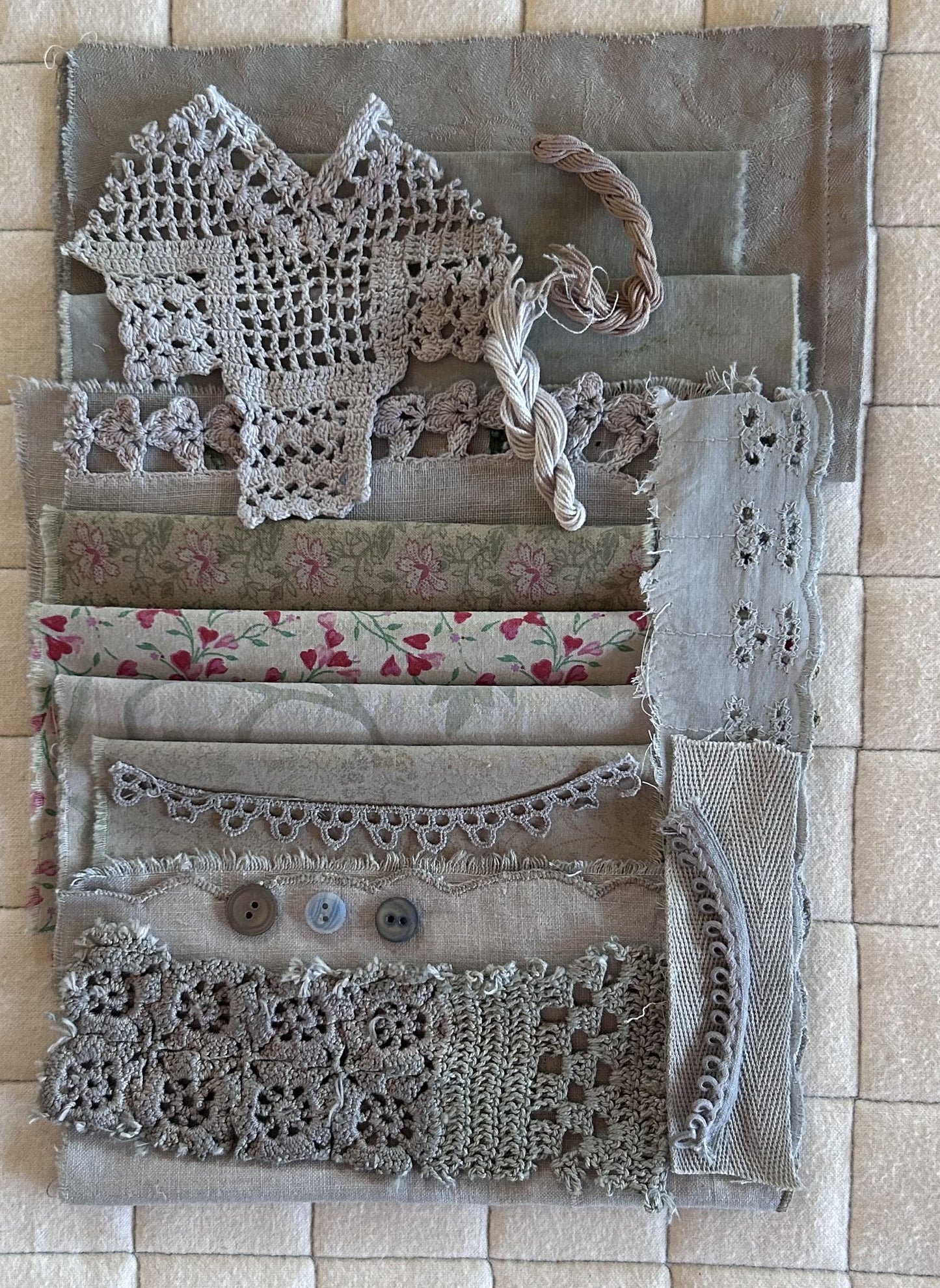 BLACK SCABIOSA with Iron Plant Dyed Bundle Which Includes Repurposed Cottons, Linen, Trims, Lace, and Thread for Slow Stitching Projects