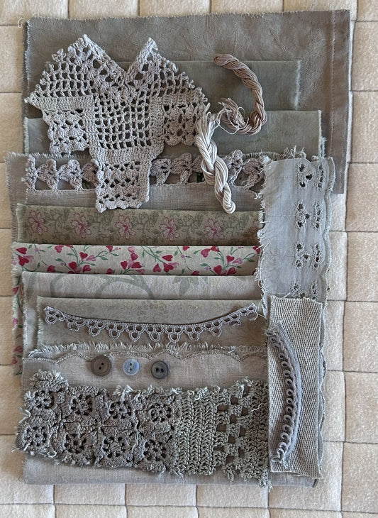 BLACK SCABIOSA with Iron Plant Dyed Bundle Which Includes Repurposed Cottons, Linen, Trims, Lace, and Thread for Slow Stitching Projects