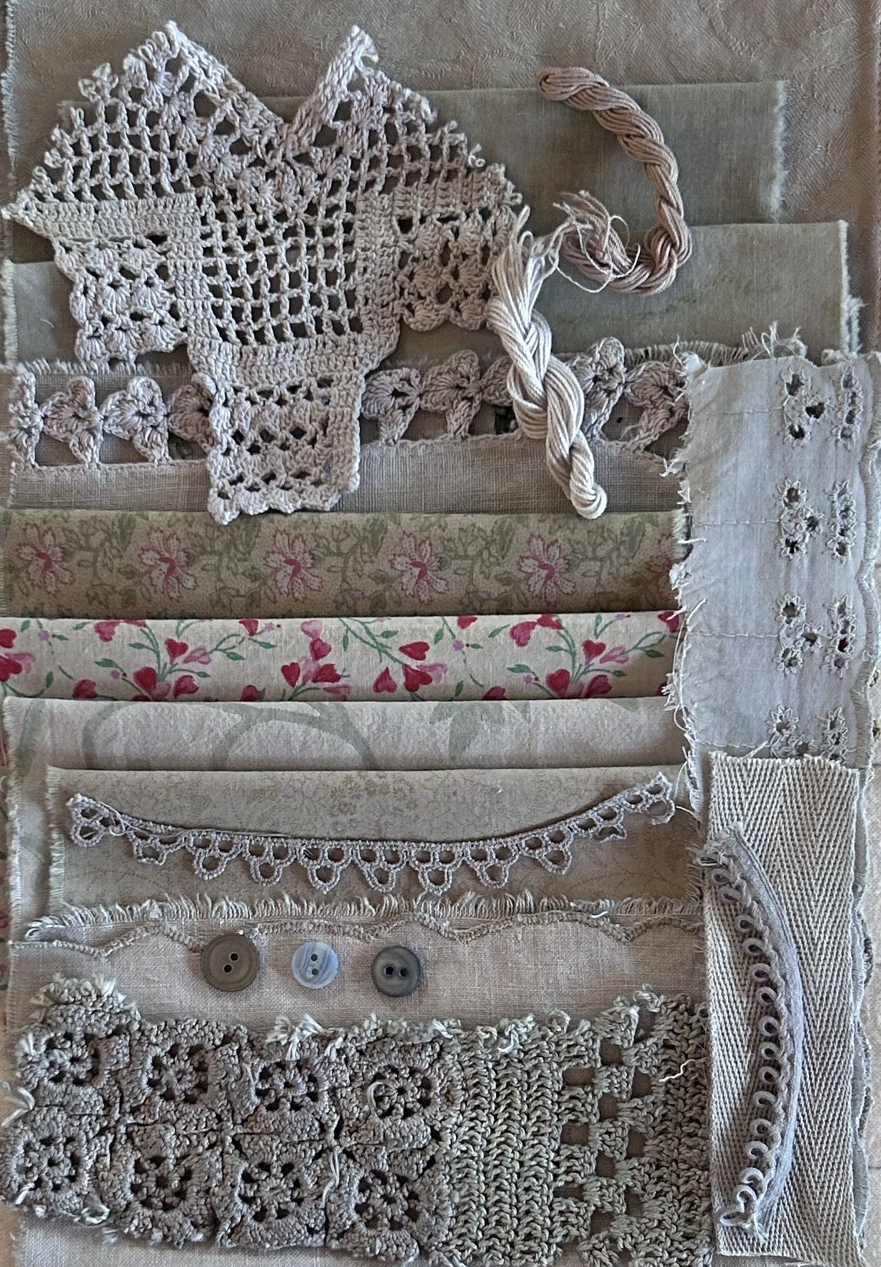 BLACK SCABIOSA with Iron Plant Dyed Bundle Which Includes Repurposed Cottons, Linen, Trims, Lace, and Thread for Slow Stitching Projects