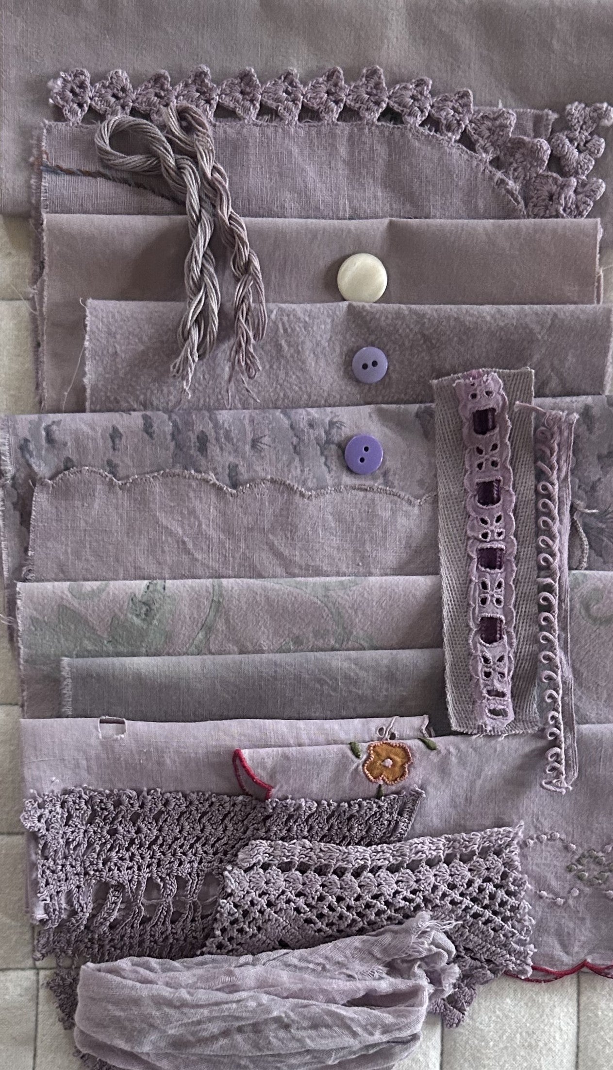 BLACK SCABIOSA #3 Plant Dyed Bundle Which Includes Repurposed Cottons, Linen, Trims, Lace, and Thread for Slow Stitching Projects