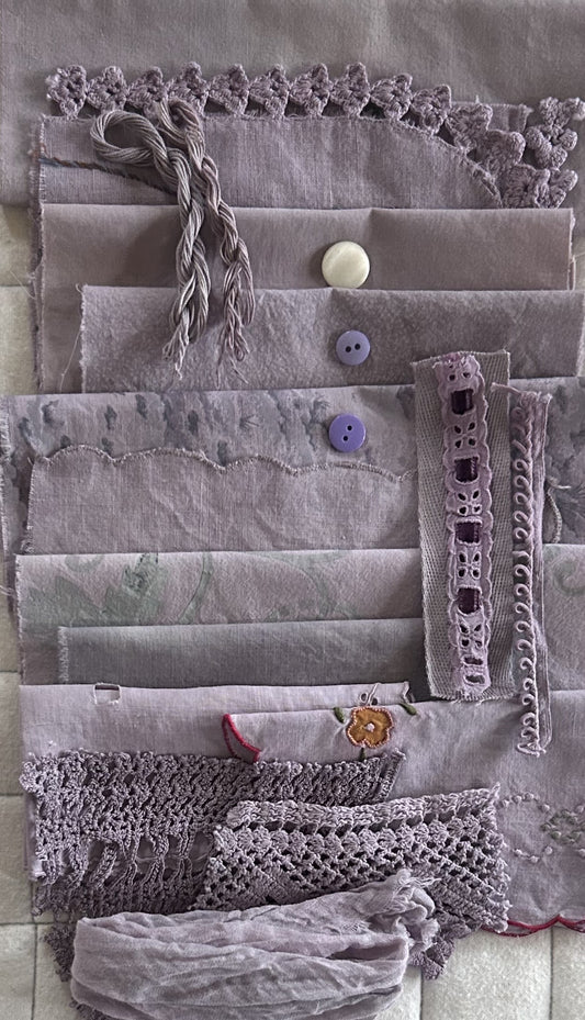 BLACK SCABIOSA #3 Plant Dyed Bundle Which Includes Repurposed Cottons, Linen, Trims, Lace, and Thread for Slow Stitching Projects