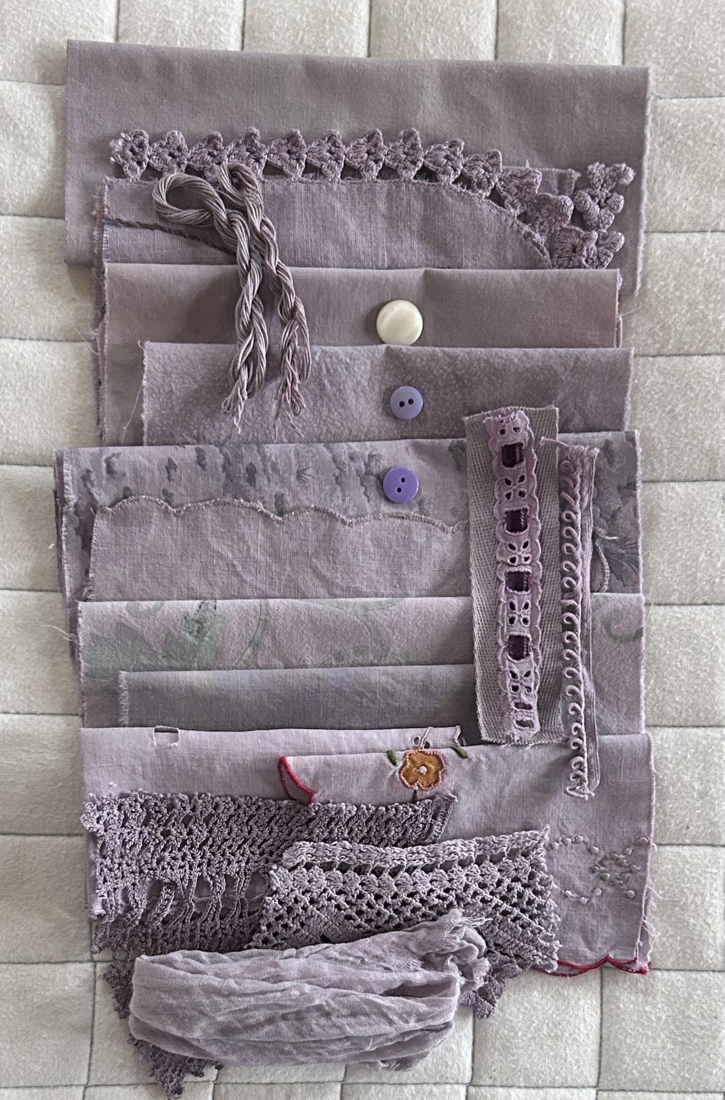 BLACK SCABIOSA #3 Plant Dyed Bundle Which Includes Repurposed Cottons, Linen, Trims, Lace, and Thread for Slow Stitching Projects