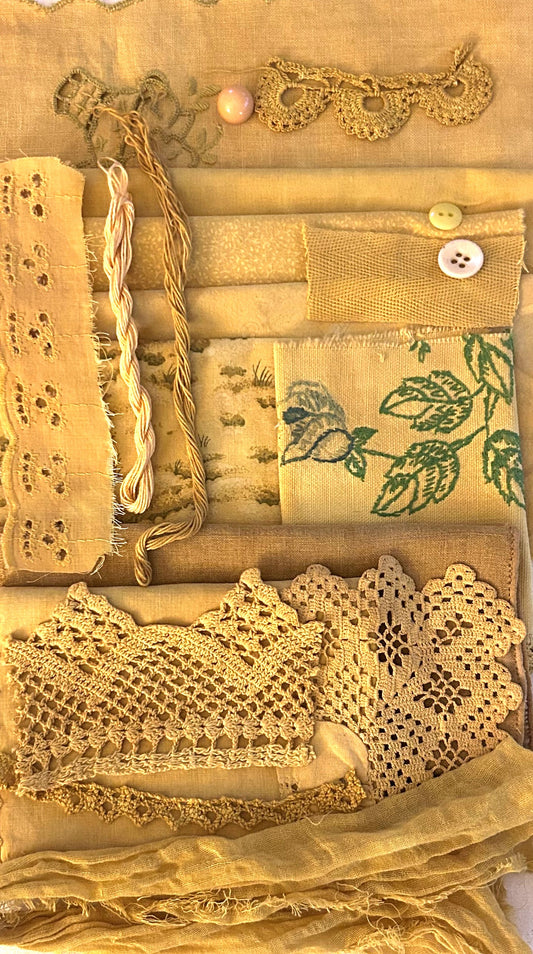 MARIGOLD #1 Plant Dyed Bundle: Repurposed Cottons, Linen, Trims,and Threads for Slow Stitching and Fabric Collage Projects