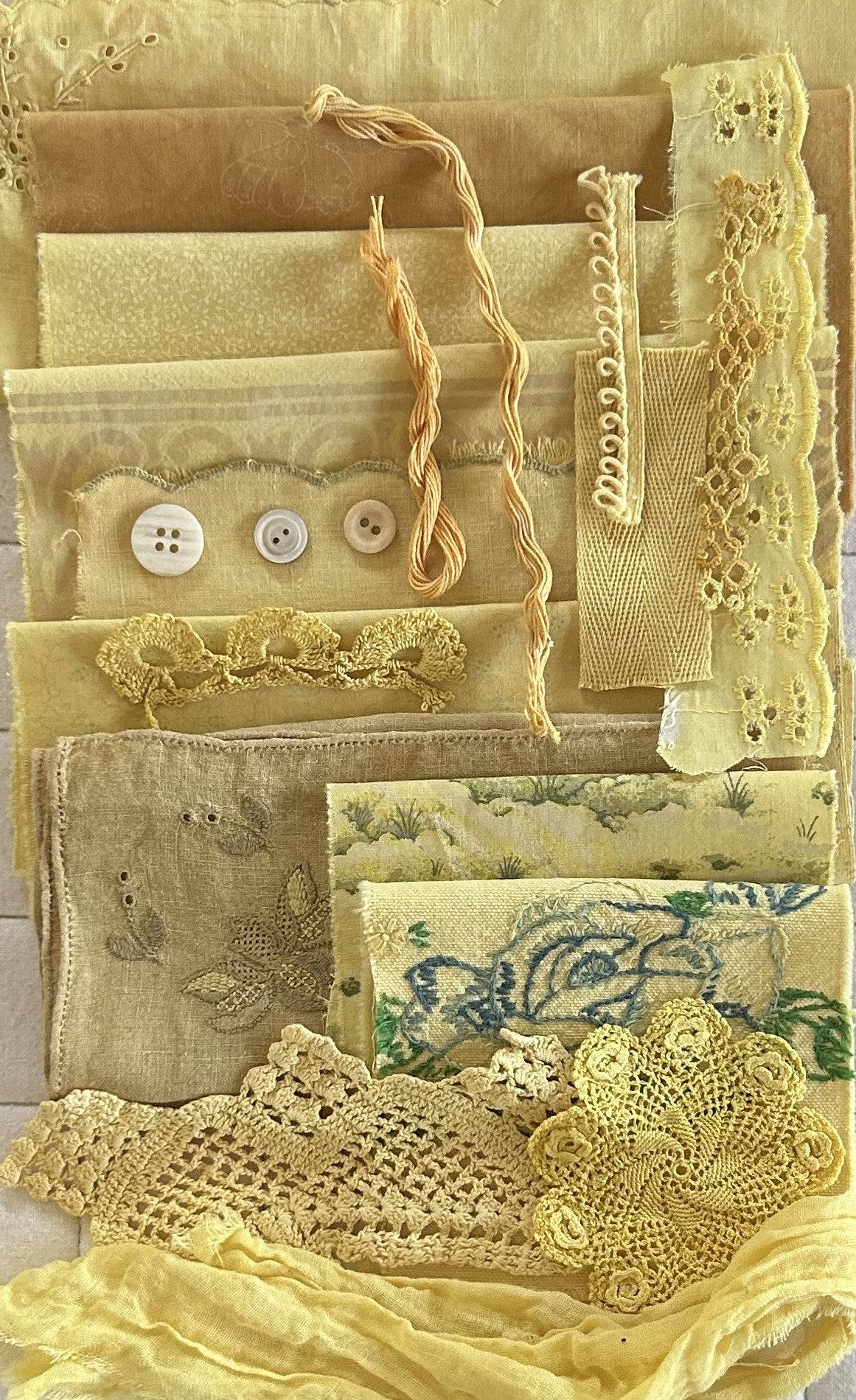 MARIGOLD #2 Plant Dyed Bundle Which Includes Repurposed Cottons, Linen, Trims, Lace, and Thread for Slow Stitching Projects