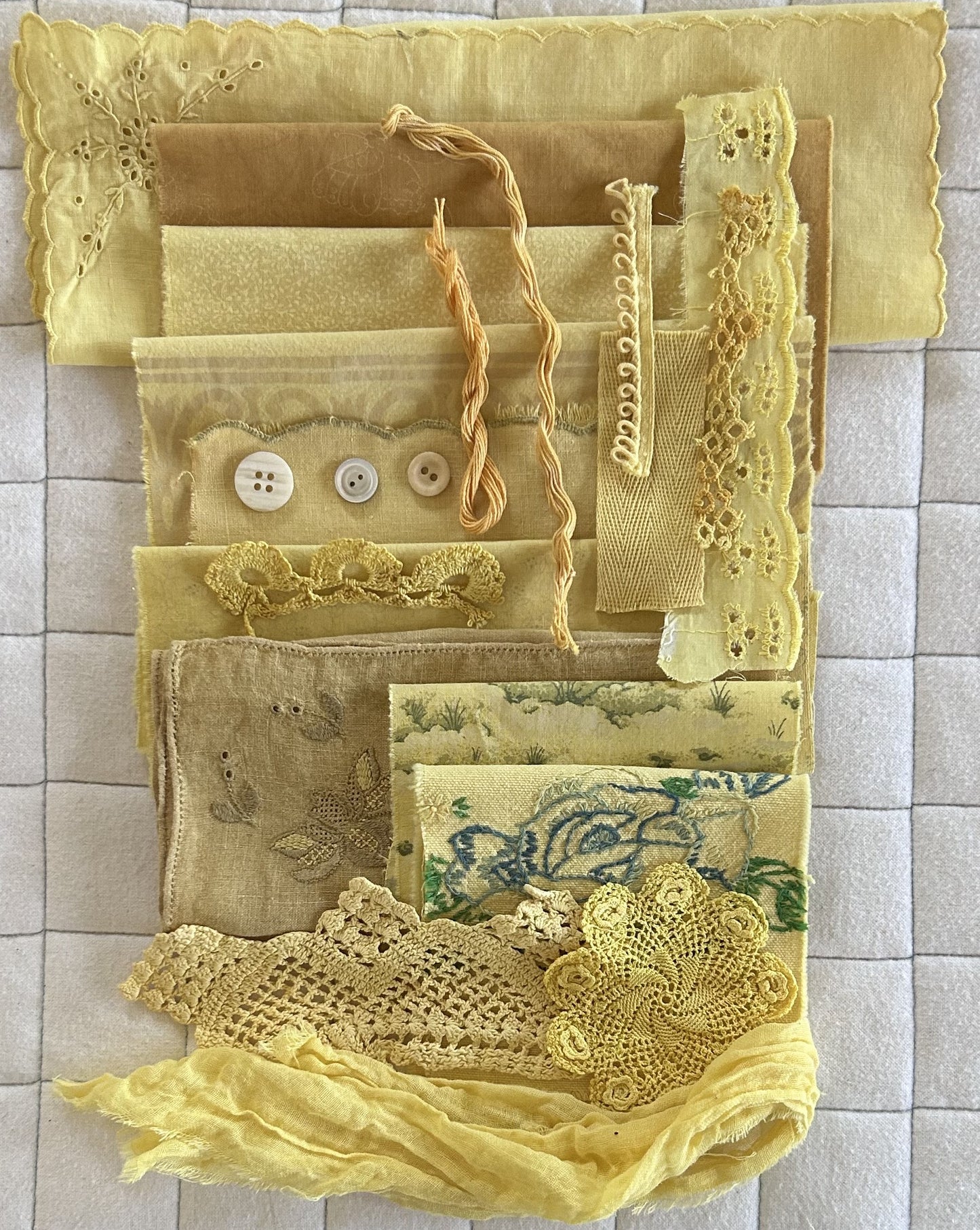 MARIGOLD #2 Plant Dyed Bundle Which Includes Repurposed Cottons, Linen, Trims, Lace, and Thread for Slow Stitching Projects