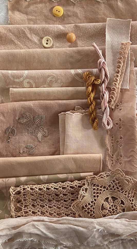 ONION Skins #3  Plant Dyed Bundle Which Includes Repurposed Cottons, Linen, Trims, Lace, and Thread for Slow Stitching Projects