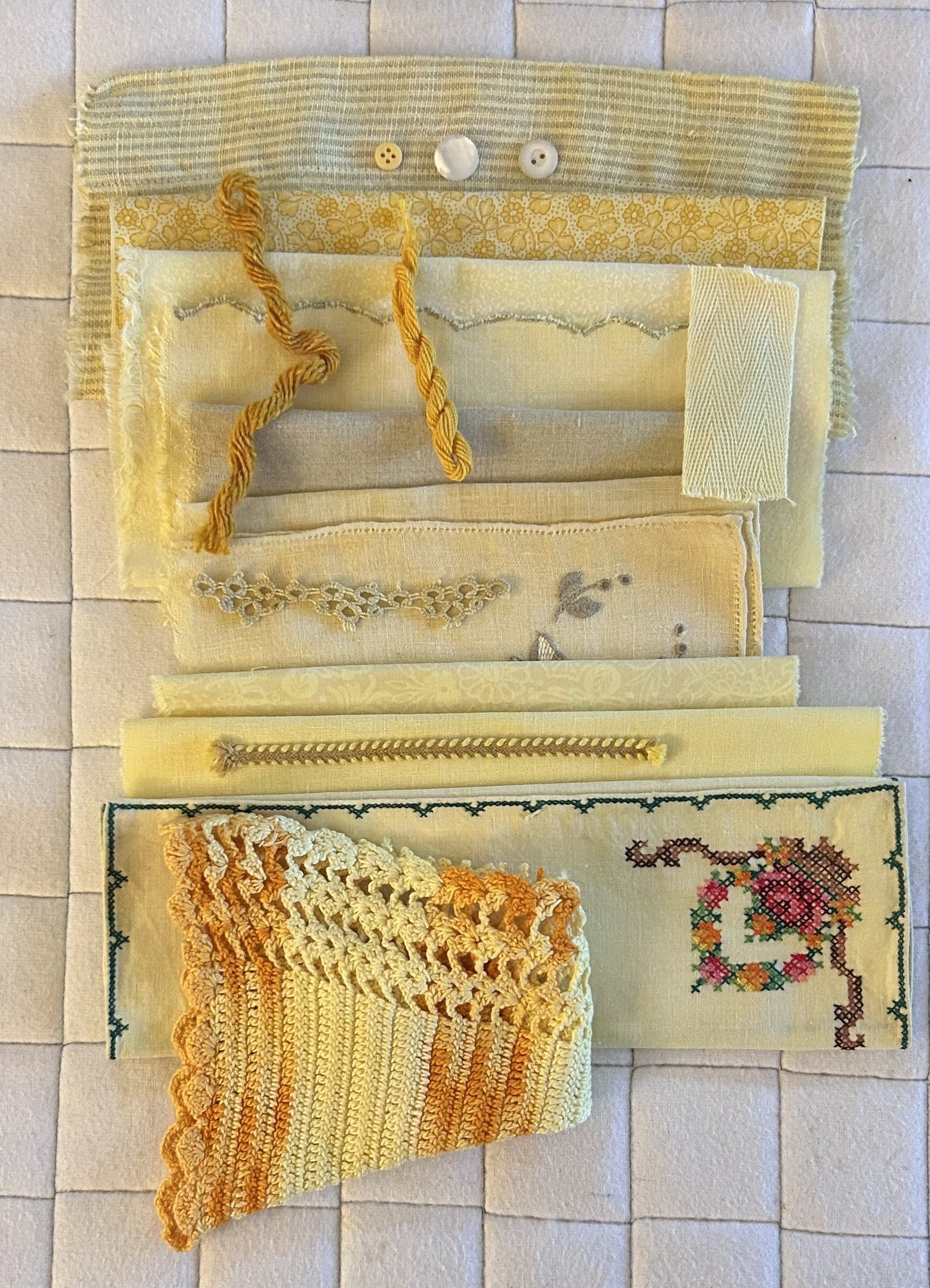 TURMERIC #2  Dyed Bundle Which Includes Repurposed Cottons, Linen, Trims, Lace, and Thread for Slow Stitching Projects