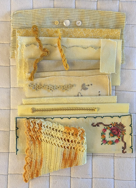 TURMERIC #2  Dyed Bundle Which Includes Repurposed Cottons, Linen, Trims, Lace, and Thread for Slow Stitching Projects