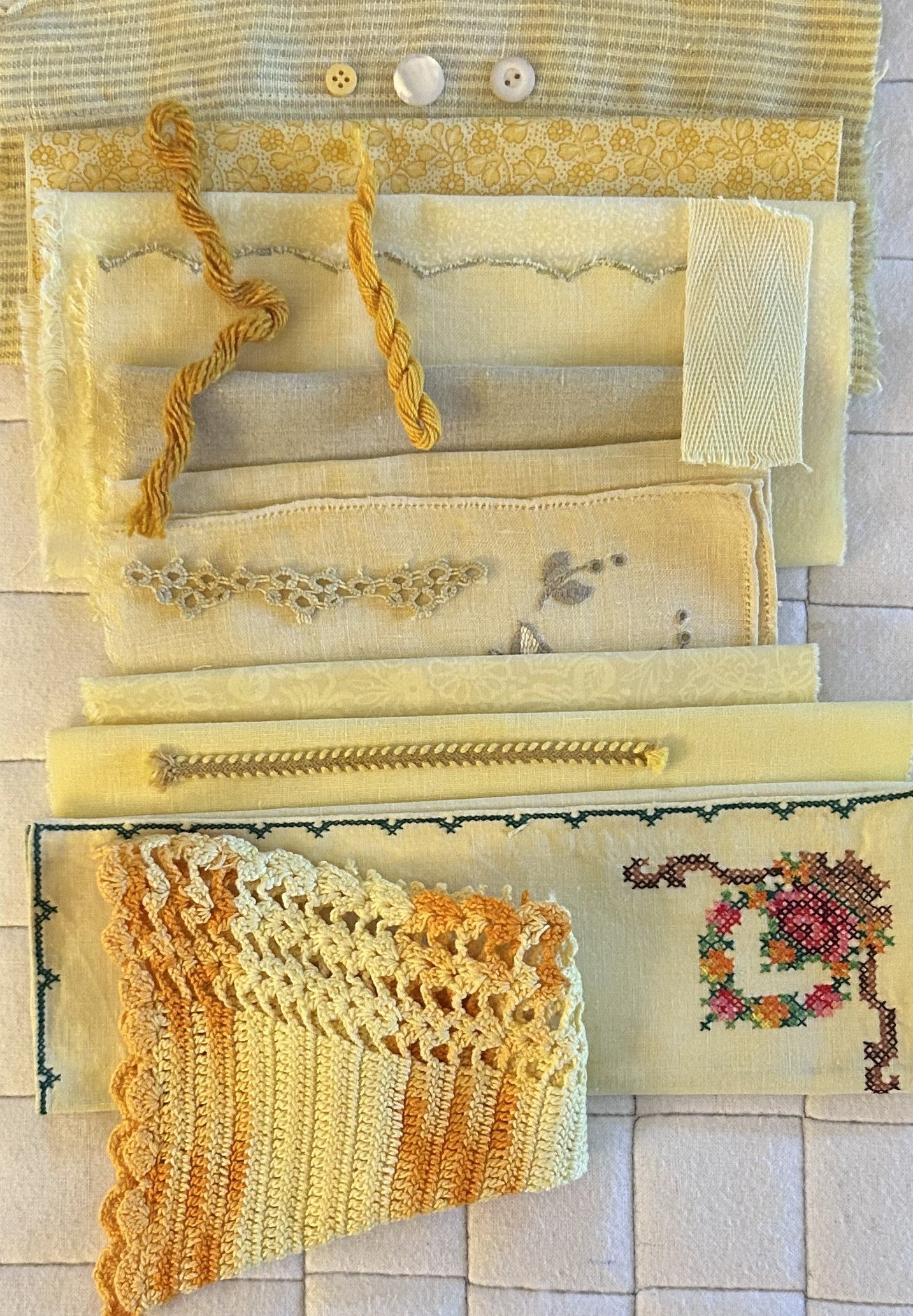 TURMERIC #2  Dyed Bundle Which Includes Repurposed Cottons, Linen, Trims, Lace, and Thread for Slow Stitching Projects