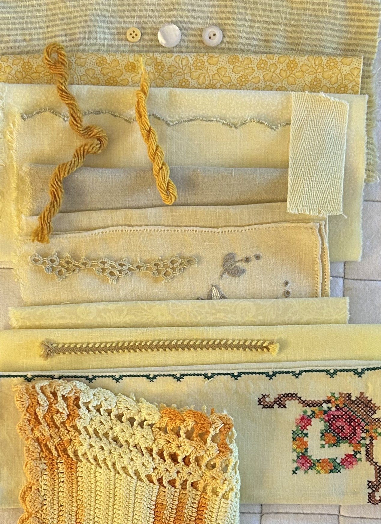 TURMERIC #2  Dyed Bundle Which Includes Repurposed Cottons, Linen, Trims, Lace, and Thread for Slow Stitching Projects