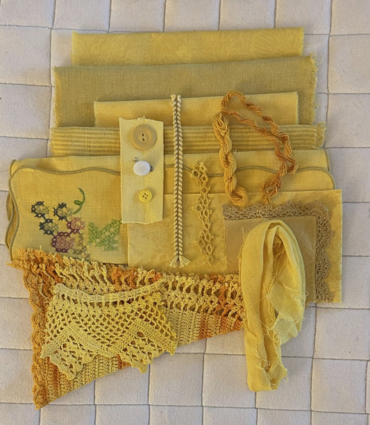 TURMERIC #3  Plant Dyed Bundle Which Includes Repurposed Cottons, Linen, Trims and Thread for Slow Stitching Projects