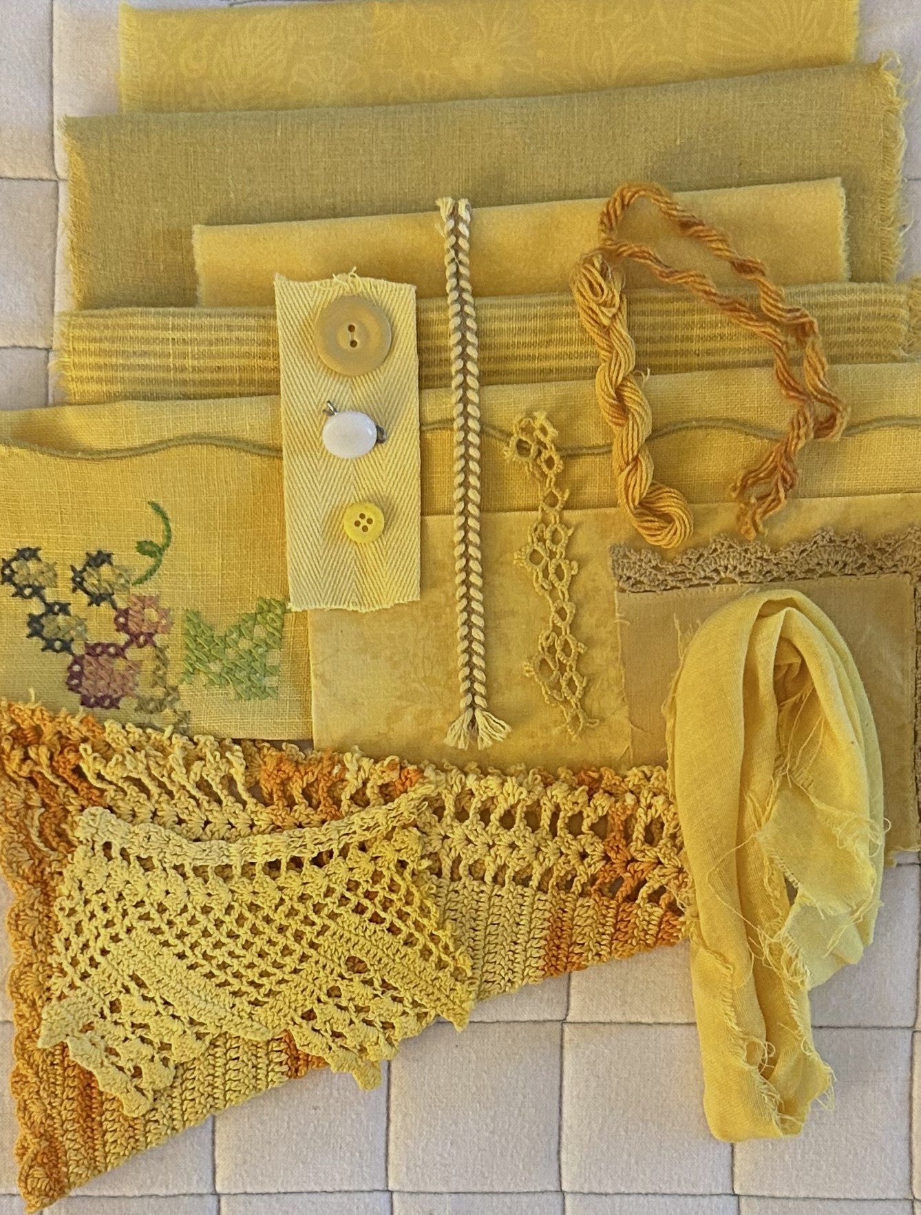 TURMERIC #3  Plant Dyed Bundle Which Includes Repurposed Cottons, Linen, Trims and Thread for Slow Stitching Projects