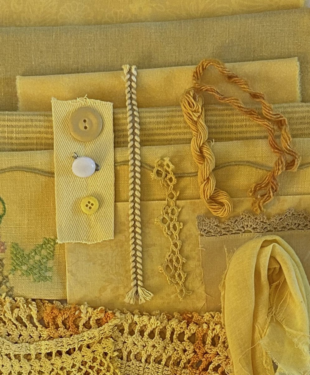TURMERIC #3  Plant Dyed Bundle Which Includes Repurposed Cottons, Linen, Trims and Thread for Slow Stitching Projects