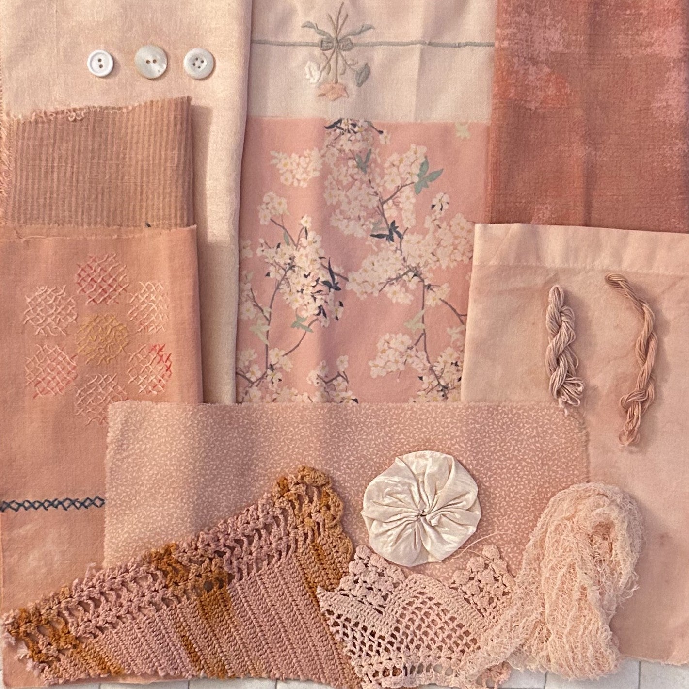 BURDOCK #3 with Soda Ash Plant Dyed Bundle Which Includes Repurposed Cottons, Linen, Trims and Thread for Slow Stitching Projects