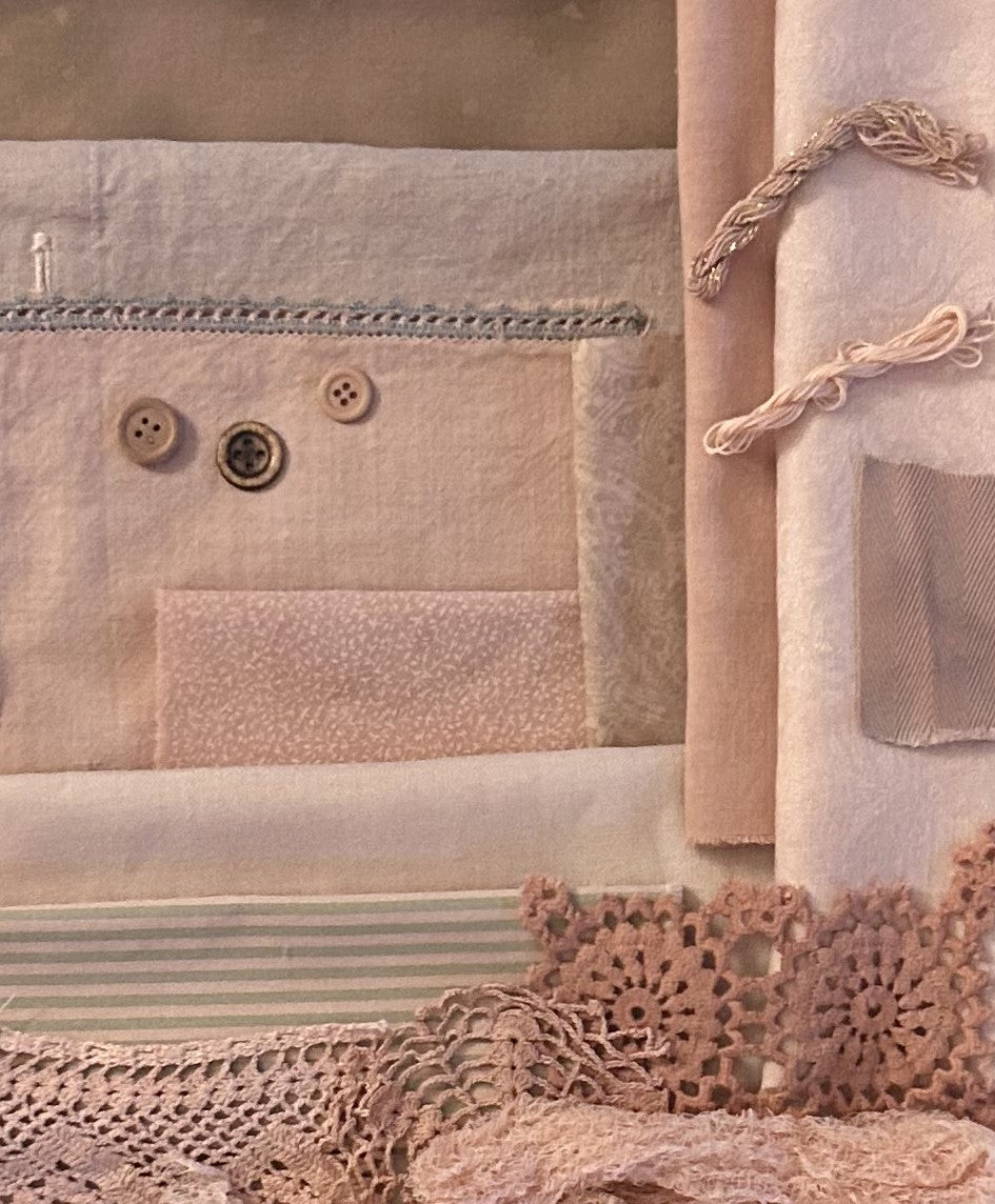 BURDOCK #5 Plant Dyed Bundle Which Includes Repurposed Cottons, Linen, Trims and Thread for Slow Stitching Projects