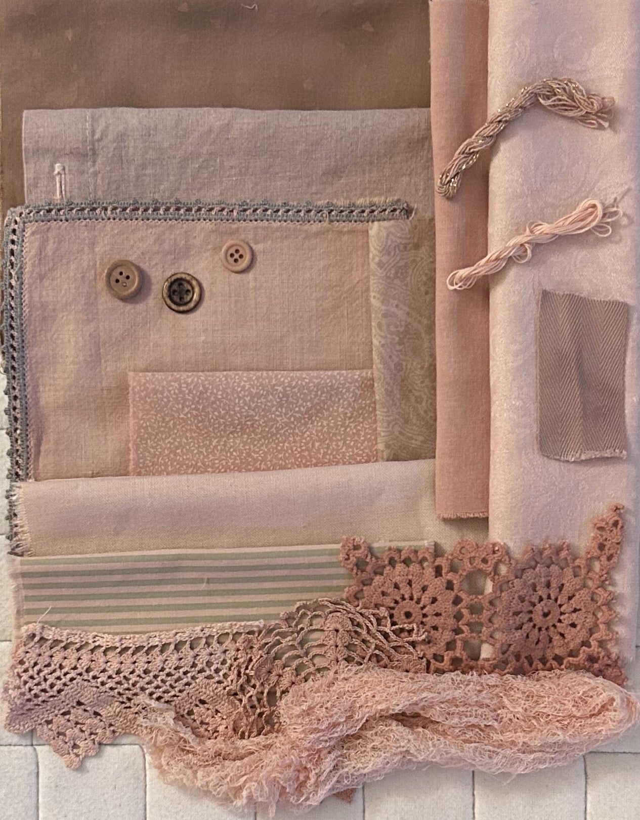 BURDOCK #5 Plant Dyed Bundle Which Includes Repurposed Cottons, Linen, Trims and Thread for Slow Stitching Projects