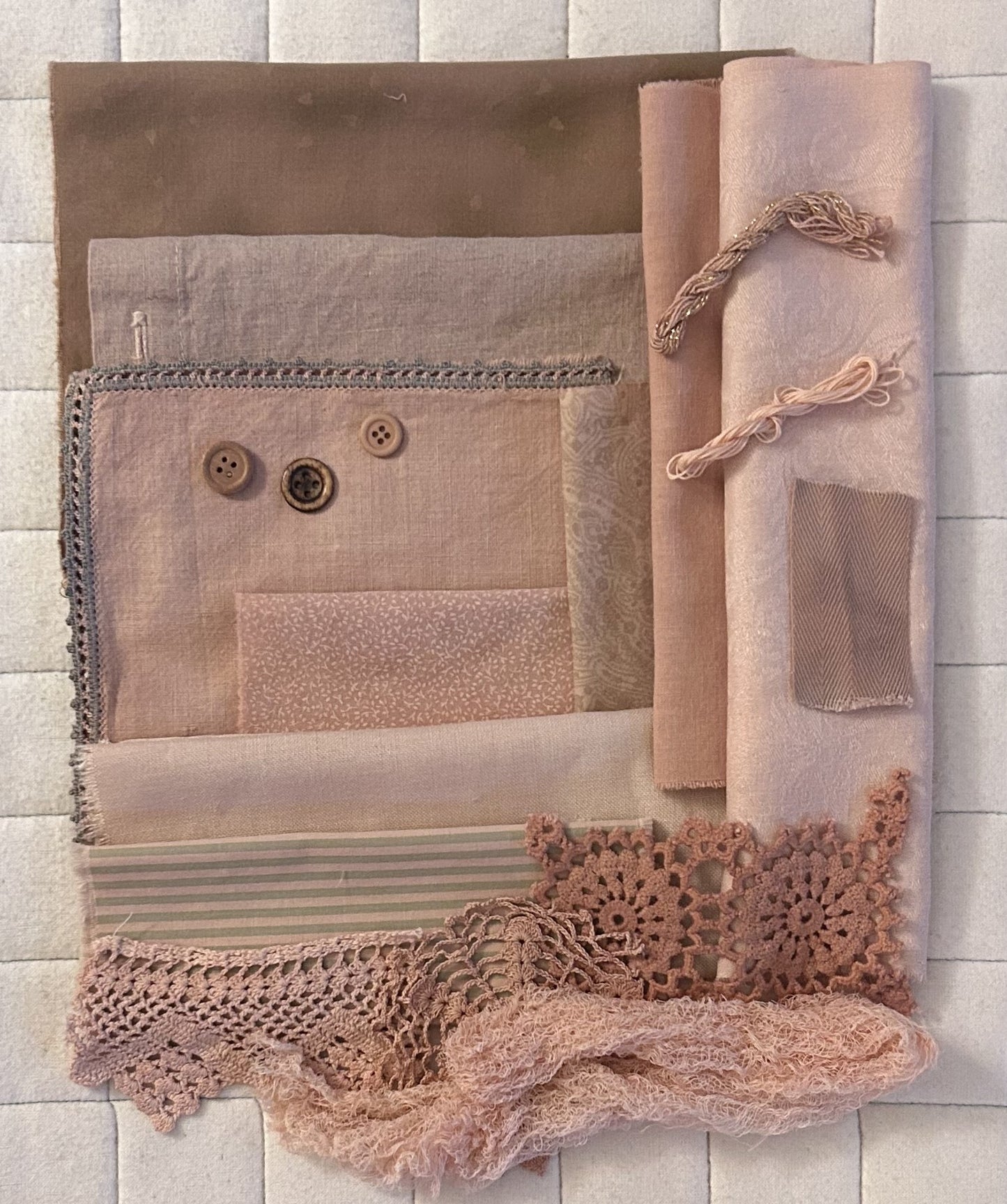 BURDOCK #5 Plant Dyed Bundle Which Includes Repurposed Cottons, Linen, Trims and Thread for Slow Stitching Projects