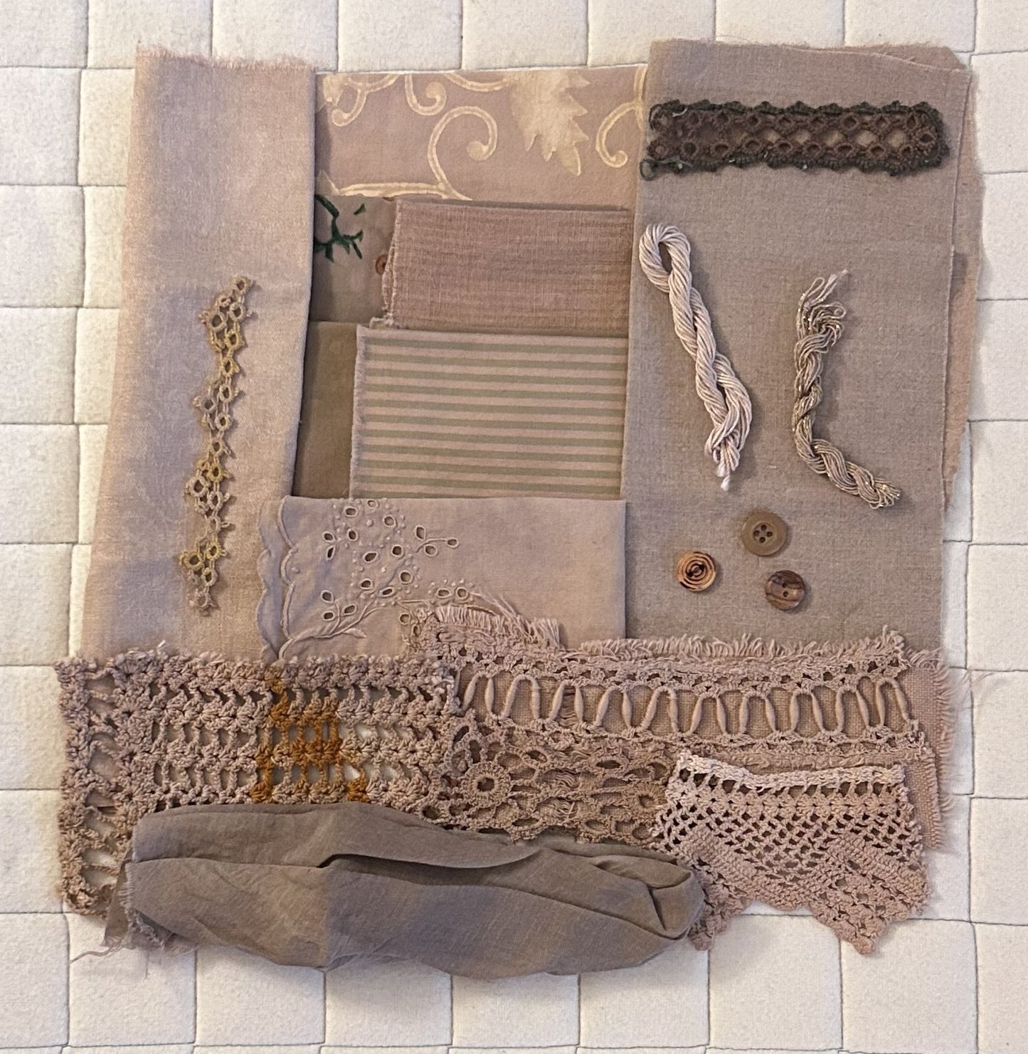 BURDOCK BARK #4 Plant Dyed Bundle Which Includes Repurposed Cottons, Linen, Trims, Lace, and Thread for Slow Stitching Projects