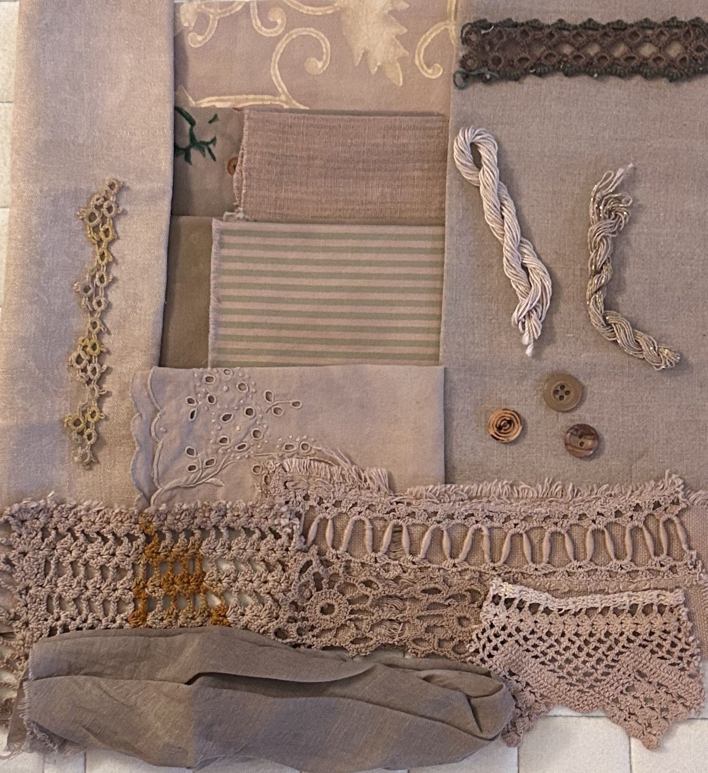 BURDOCK BARK #4 Plant Dyed Bundle Which Includes Repurposed Cottons, Linen, Trims, Lace, and Thread for Slow Stitching Projects