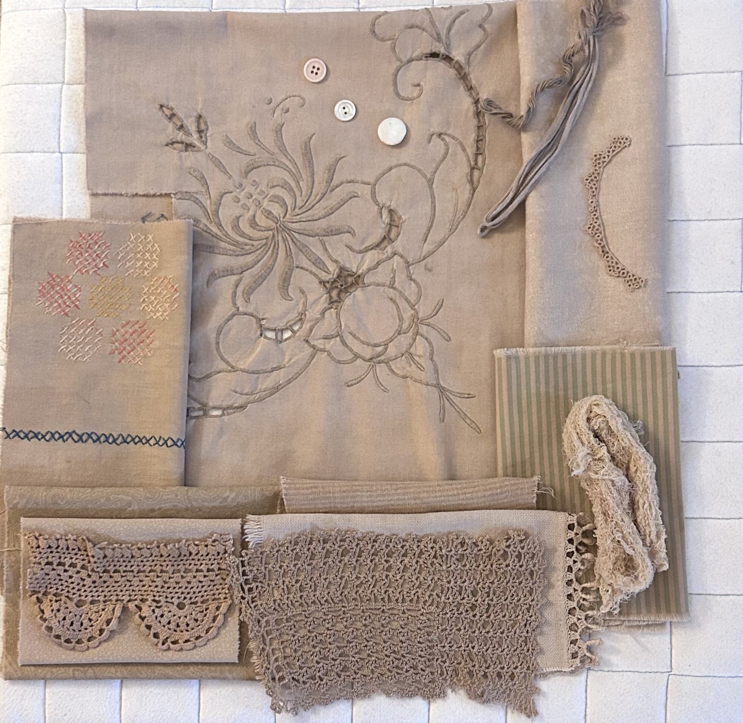 BURDOCK #6 Plant Dyed Bundle: Repurposed Cottons, Linen, Trims,and Threads for Slow Stitching and Fabric Collage Projects