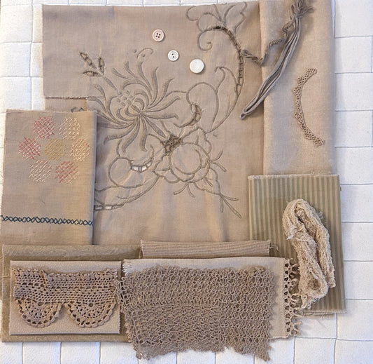BURDOCK #6 Plant Dyed Bundle: Repurposed Cottons, Linen, Trims,and Threads for Slow Stitching and Fabric Collage Projects