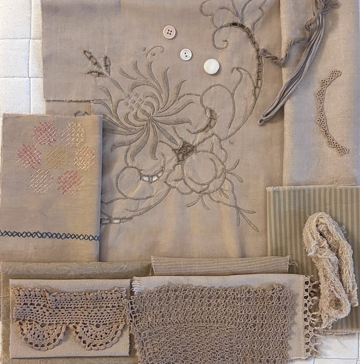 BURDOCK #6 Plant Dyed Bundle: Repurposed Cottons, Linen, Trims,and Threads for Slow Stitching and Fabric Collage Projects