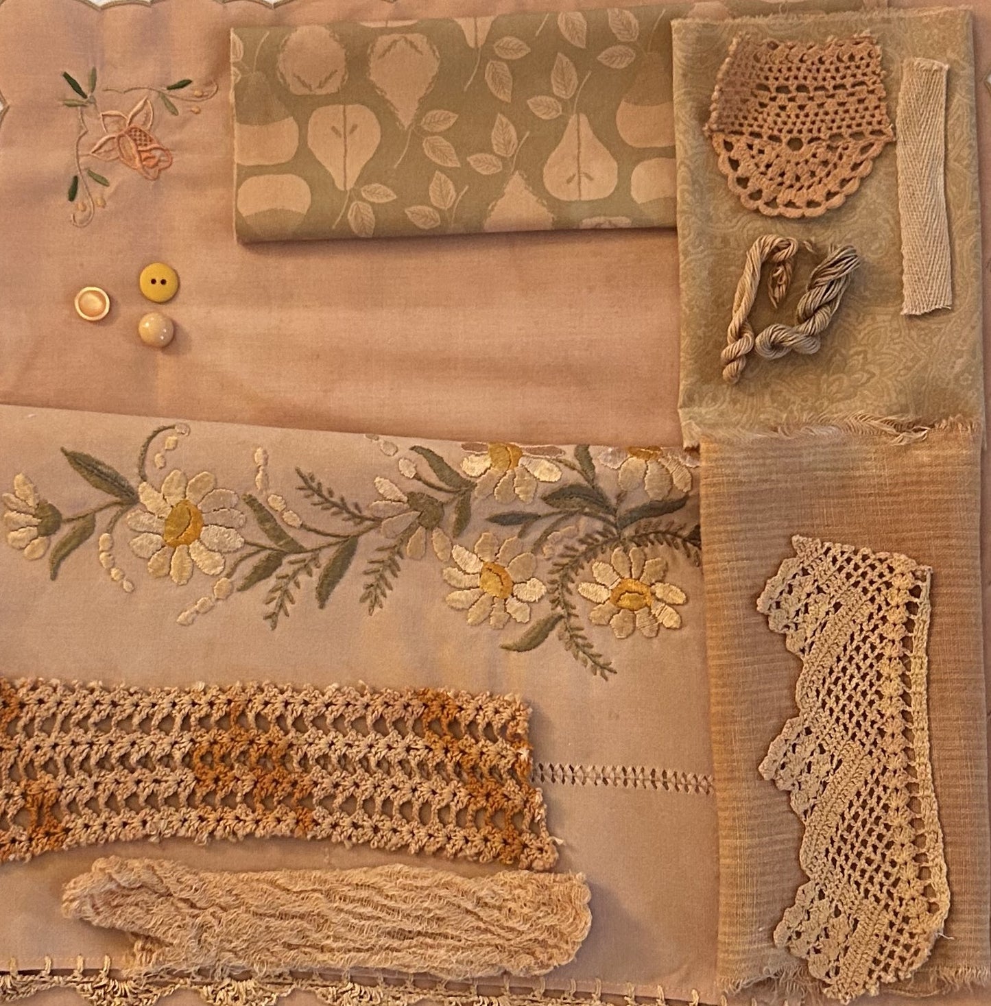 ONION Skins #2  Plant Dyed Bundle Which Includes Repurposed Cottons, Linen, Trims, Lace, and Thread for Slow Stitching Projects