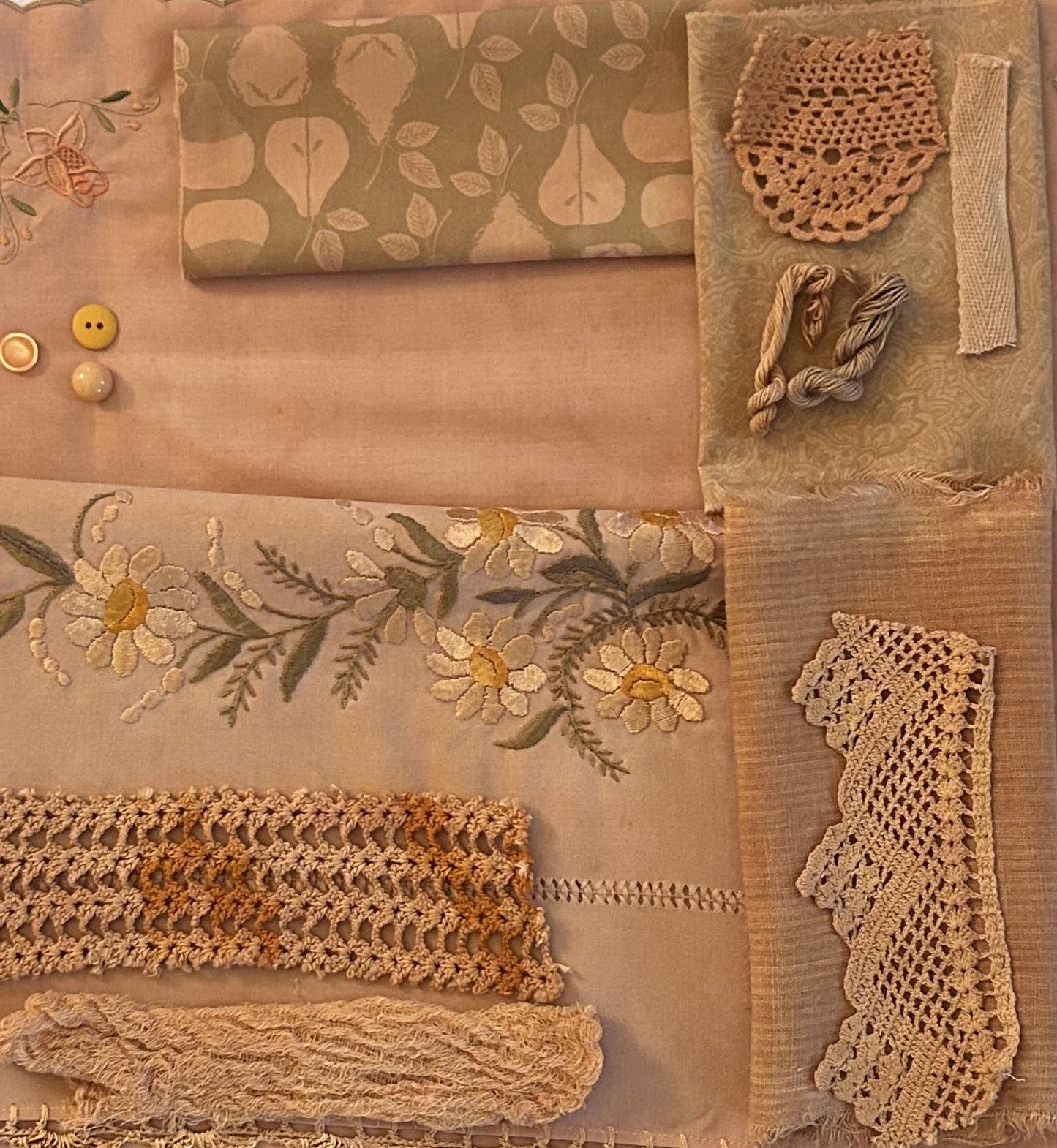 ONION Skins #2  Plant Dyed Bundle Which Includes Repurposed Cottons, Linen, Trims, Lace, and Thread for Slow Stitching Projects