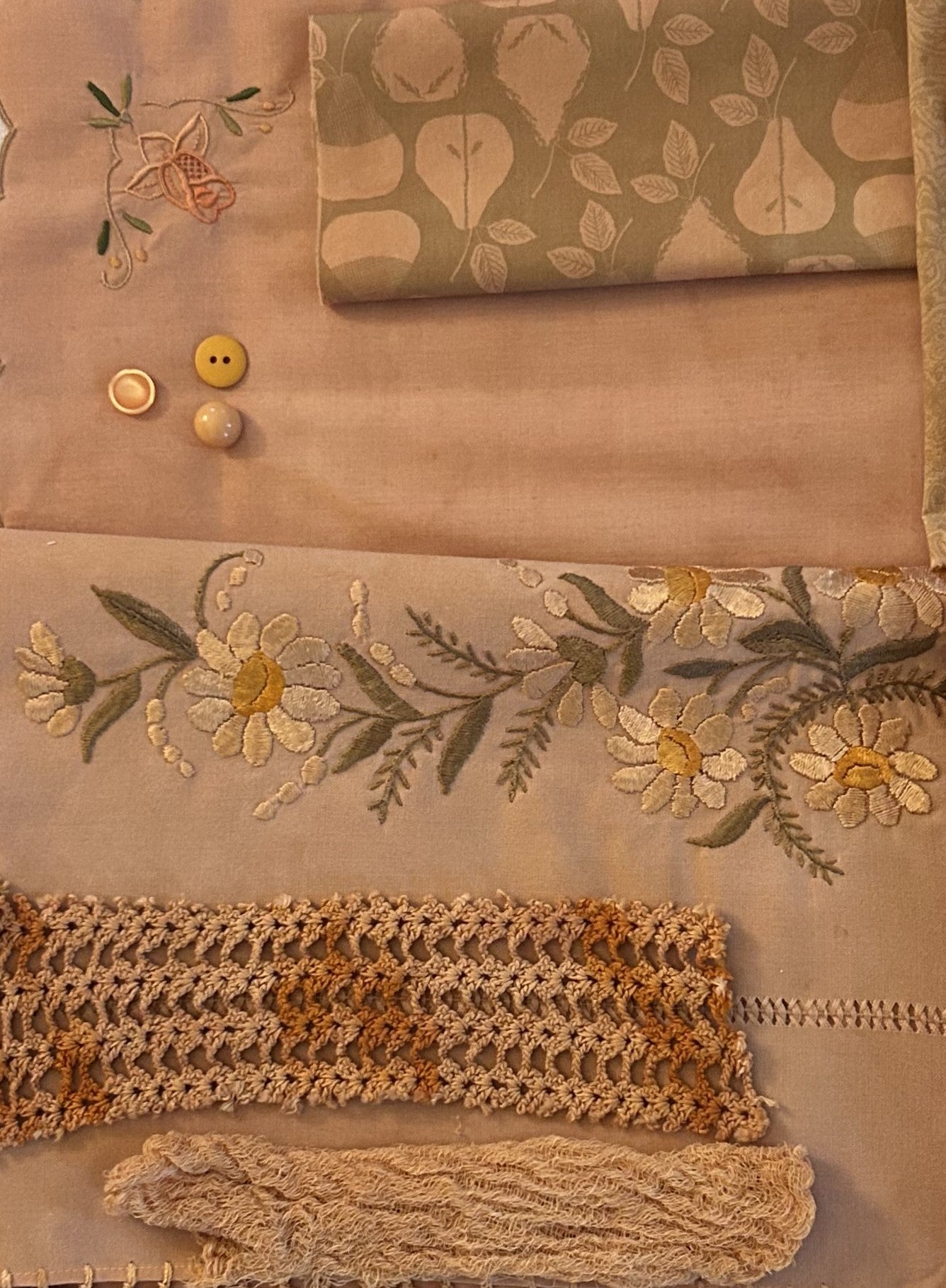 ONION Skins #2  Plant Dyed Bundle Which Includes Repurposed Cottons, Linen, Trims, Lace, and Thread for Slow Stitching Projects