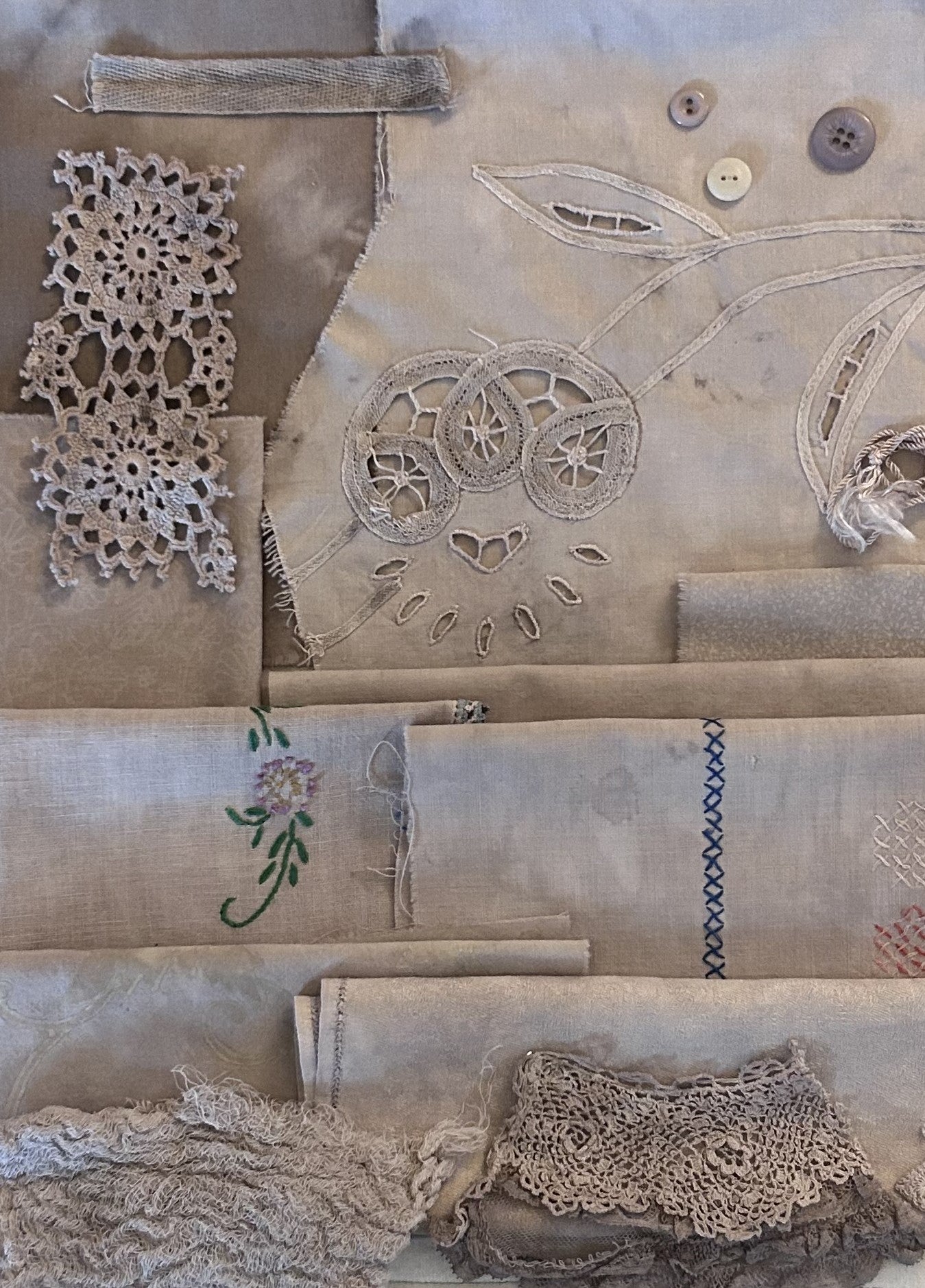 HIBISCUS #2 Darken with Iron Plant Dyed Bundle Which Includes Repurposed Cottons, Linen, Trims, Lace, and Thread for Slow Stitching Projects